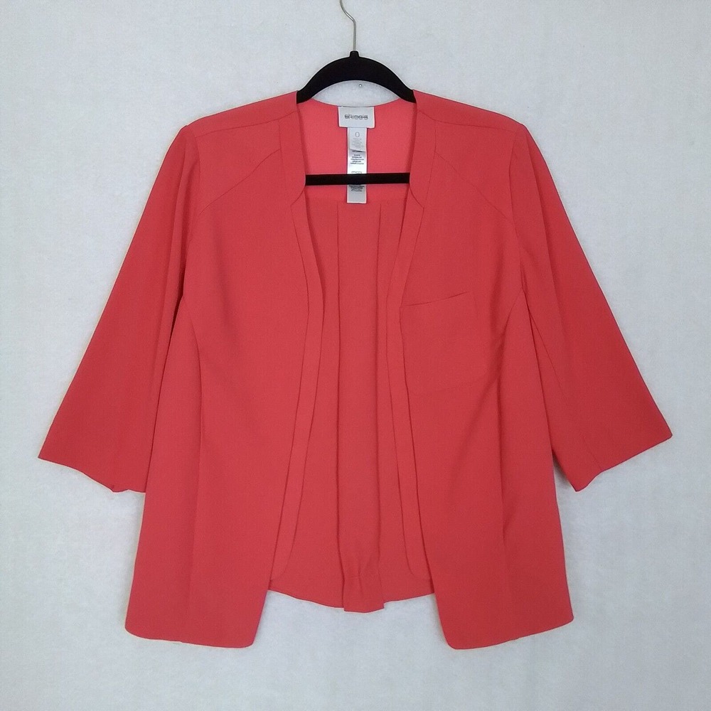 Chicos Womens Open Front Casual Jacket Blazer Size S‎ (0) 3/4 Sleeve Coral Pink